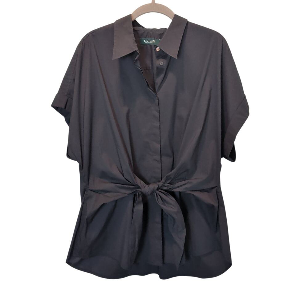 Lauren Ralph Lauren Sz XXL Black Tie Front Button Up Shirt Short Sleeve Stretch